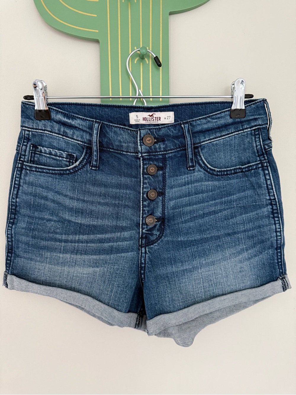 Hollister Medium Dark Blue Button-Fly Rolled Hem Denim Shorts